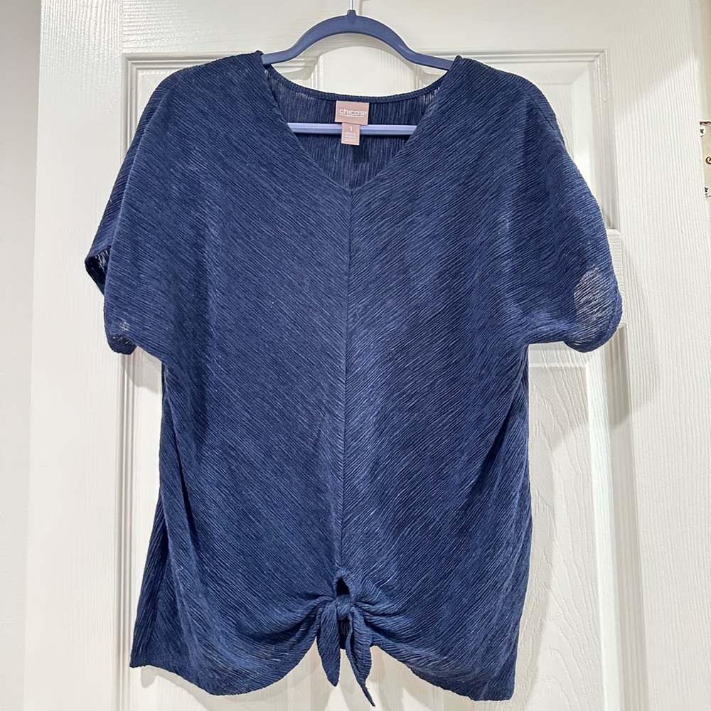 Blue Chicos size 1 shirt with tie v neck short sleeve
